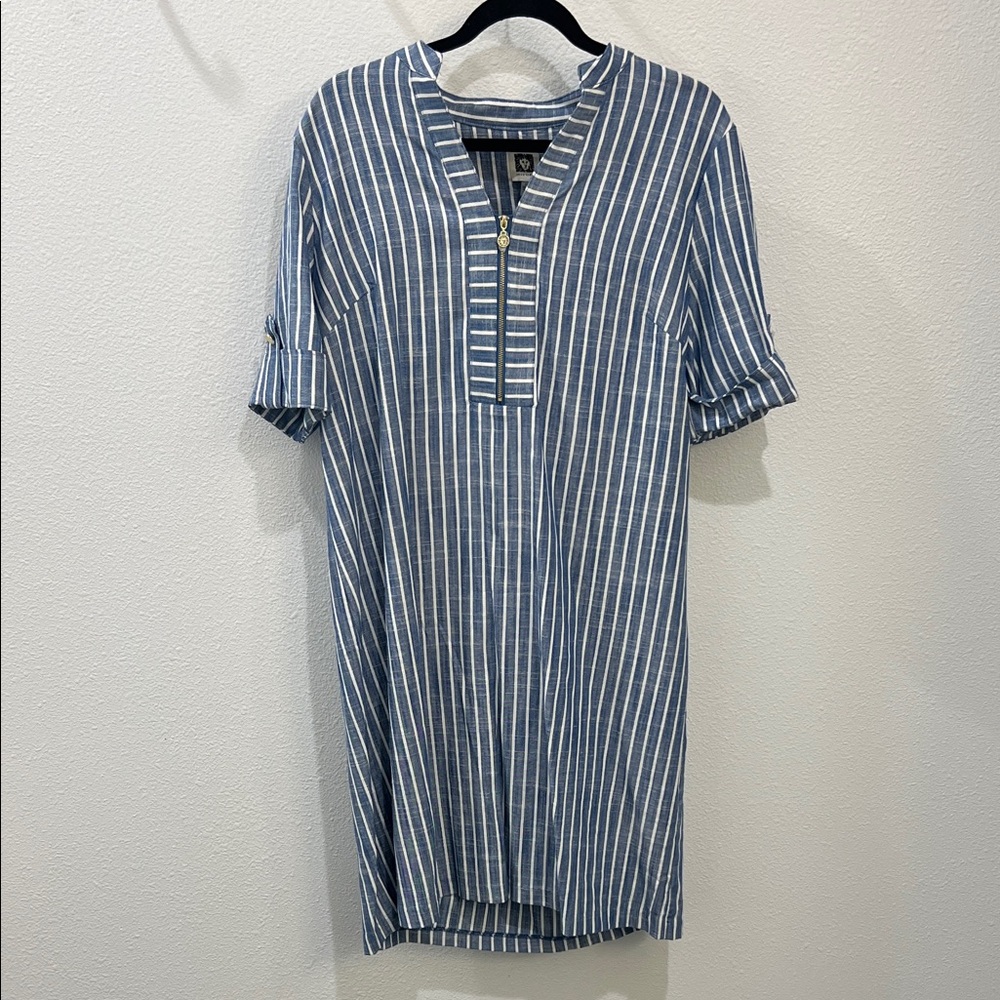 Anne Klein Blue & White Striped Short-Sleeve Tunic Dress